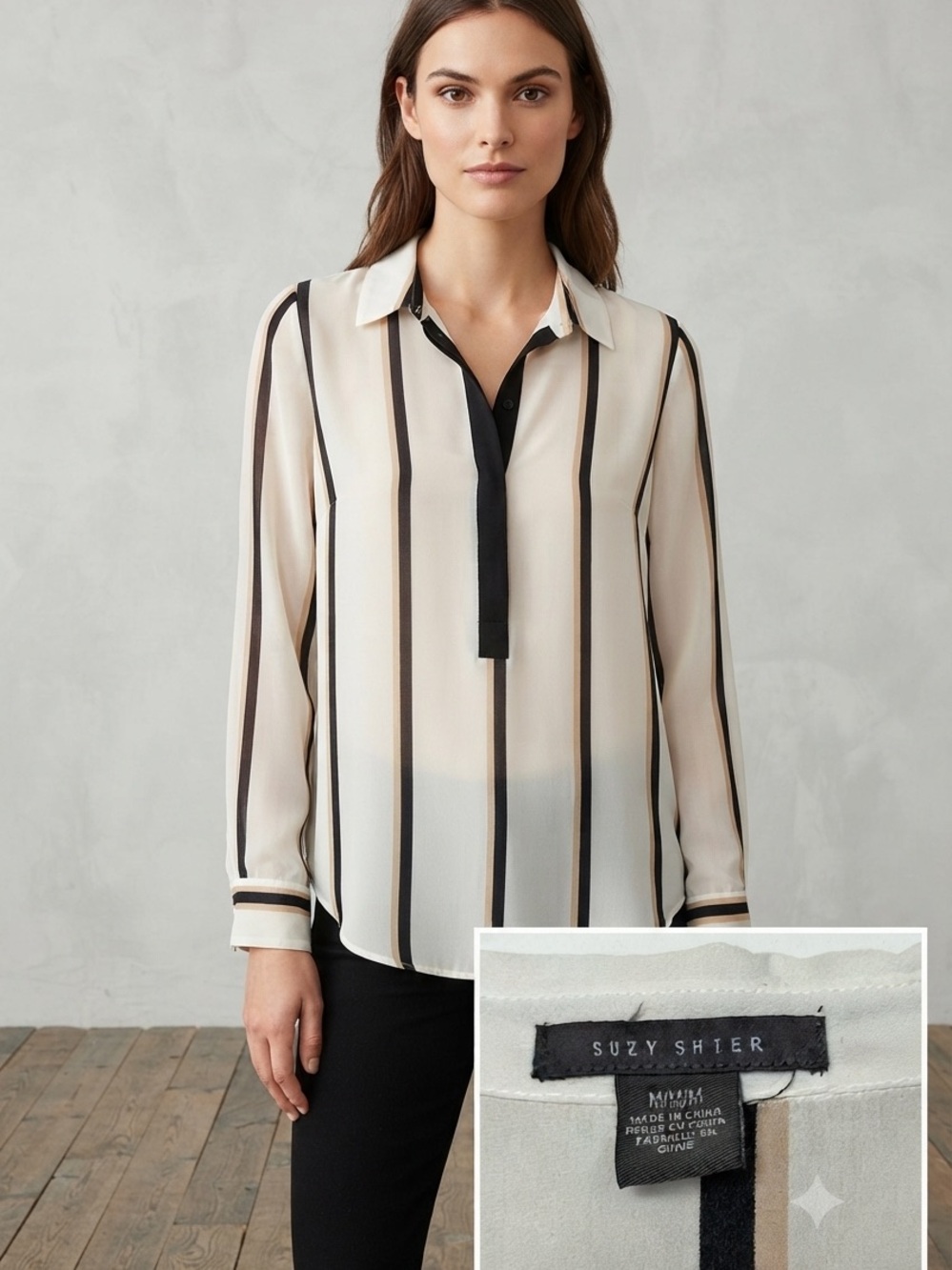 Suzy Shier Cream Blouse with Black and Brown Vertical Stripes